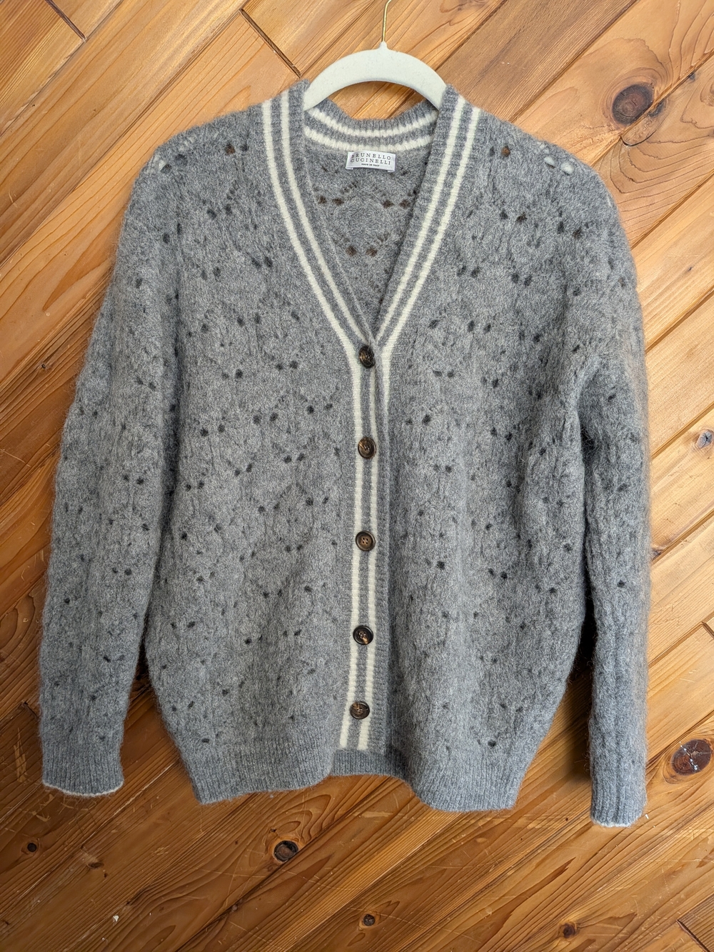 BRUNELLO CUCINELLI Mohair Wool Openwork Stripe Trim Cardigan XS Grey Italy